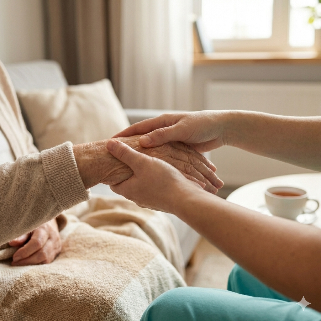 Terapeuta wykonujący masaż dłoni seniora w domu, Rozluźnij się Poznań.