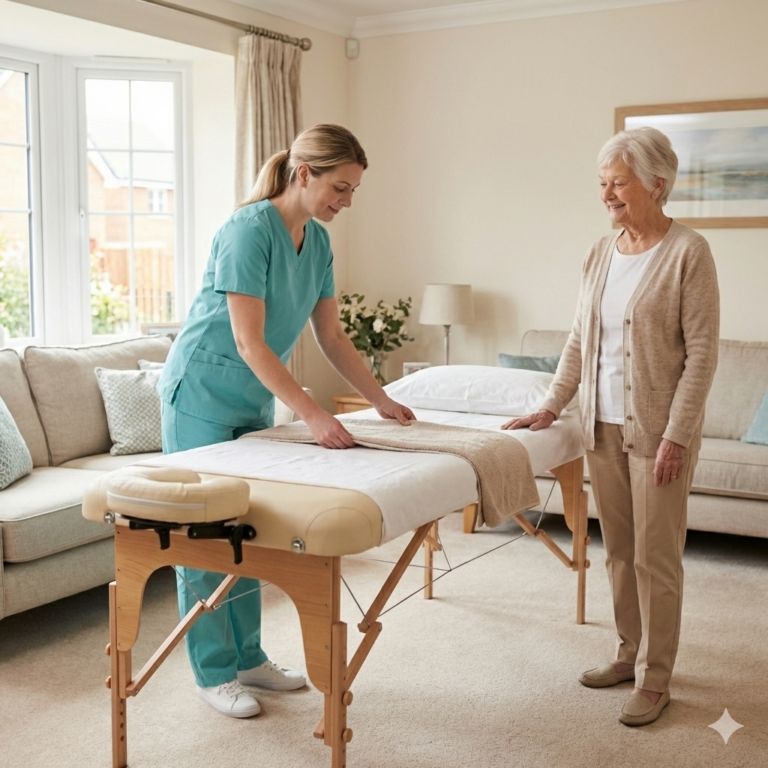 Przygotowanie przenośnego stołu do masażu w domu klienta, mobilny masaż Poznań.